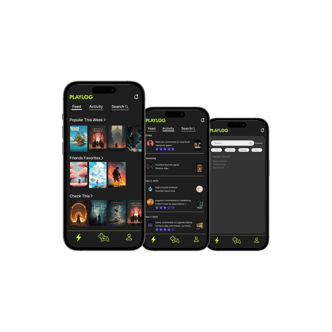 Playlog's feed, activity and search screens shown on three phones